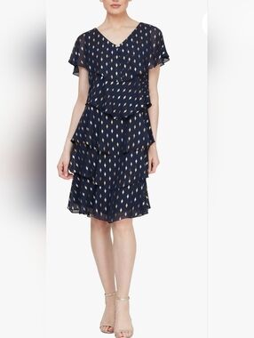 SLNY Navy Blue Tiered Dress WIth Metallic Details. Date Night. Evening.